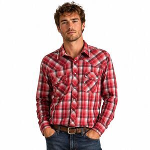 Wrangler Shirt Mens XL Red Plaid Western Snap Front Long Sleeve Casual